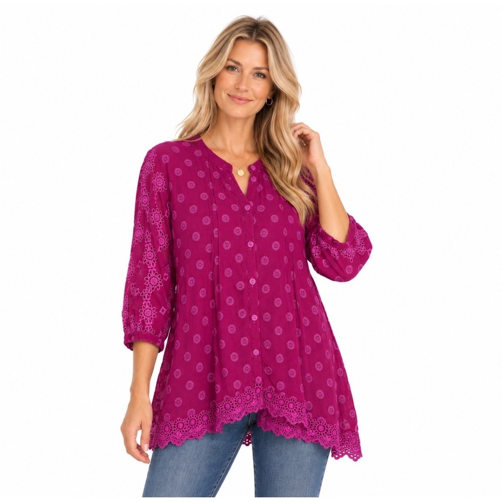 Johnny Was Magenta Purple Eyelet Embroidery Lace Trim Button Front Tunic Top XL